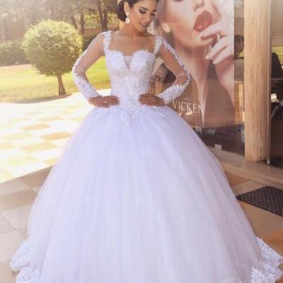 Formal Long Sleeve White Tulle White Ball Gown Wedding Dresses with Appliques 