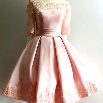 Half Sleeve Prom Dress, Appliques Pink Prom Gowns, Elegant Short Homecoming Dress CF137