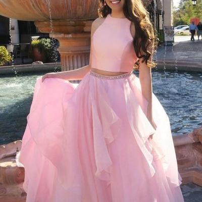Two Piece Prom Dresses, Elegant Prom Dresses, Long Evening Dress, Pink Homecoming Dress CF143
