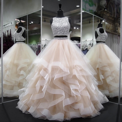 Gergeous Crystal Beading Two Piece Tulle Prom Dress, Long Evening Dress CF851