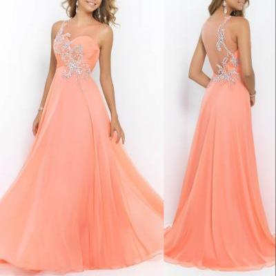 Bg8 Gorgeous Scoop Neck Chiffon Party Dress See Through Back Prom Dress,Crystals Beading Long Prom Dresses
