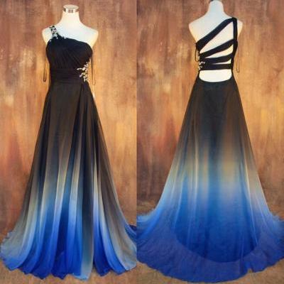 Bg540 Charming Prom Dress,Chiffon Prom Dress,Gradient Prom Dress,Blue and Black Prom Dress,One Shoulder Prom Dress