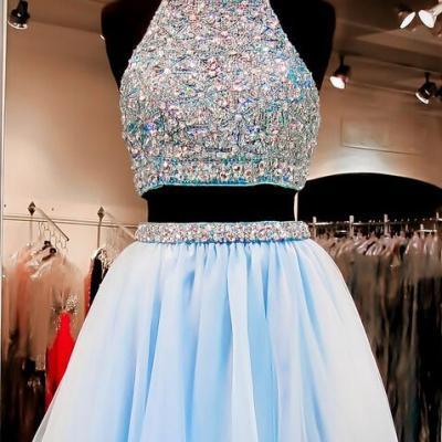 Bg781 Tulle Prom Dress,Blue Prom Gown,Short Homecoming Dress,Two Piece Prom Dress,Beading Dress for Prom