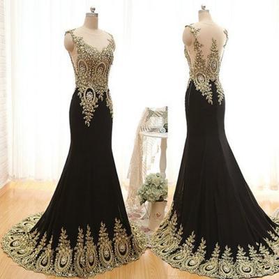Gold Beaded Scoop Sleeveless Evening Dress Long Party Dresses,Luxury Mermaid Black Prom Dresses