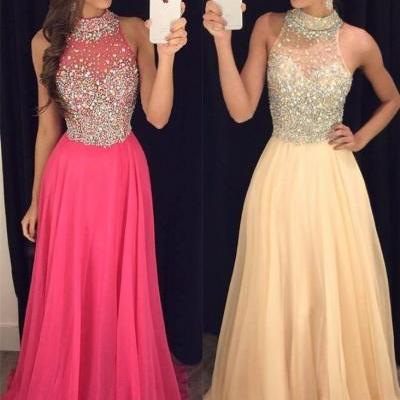 Long Prom Dresses 2017,Halter Sleeveless Backless Sweep Train Chiffon with Crystal Prom Dress,Sexy A-line Party Dresses Evening Gowns