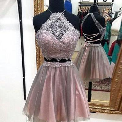 Two Piece Prom Dress,Tulle Prom Dress,Two Pieces Homecoming Dress,Short Homecoming Dresses, Backless Graduation Dress,Prom Party Dress