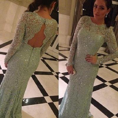 Sexy Prom Dresses, Full Sleeves Floor-length Evening Dress,Simple A-line O-neck Lace Long Prom Dresses With Sequined