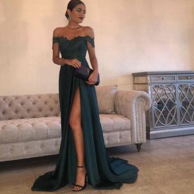 A Line Navy Green Chiffon Prom Dress, High Split Side Slit Lace Top Party Gown,Sexy Prom Dresses