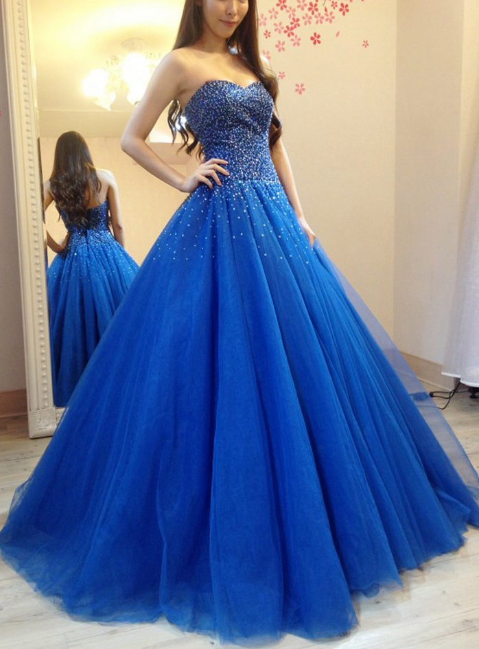 Elegant Tulle Royal Blue Ball Gown Prom Dress, Beaded Quinceanera Dress ...