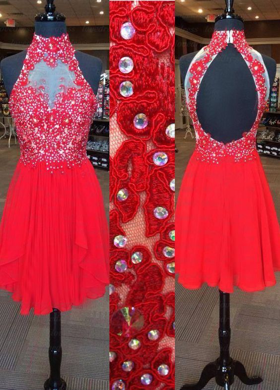 Princess Short Prom Dress, Red Prom Dresses, High Neck Prom Gowns Cf1134 on Luulla