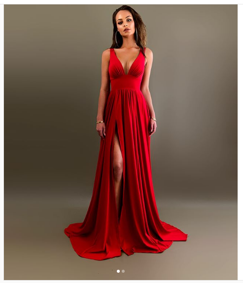 red v neck prom dress