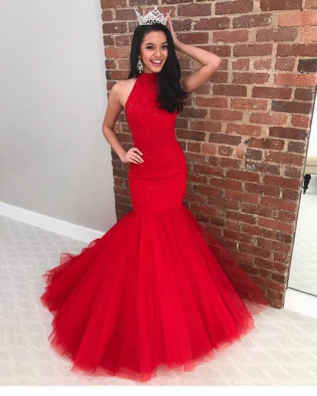 red high neck prom dress