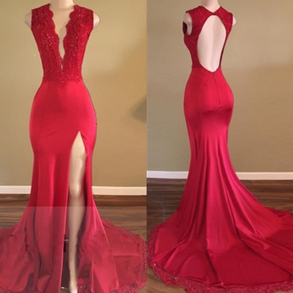 Sexy Sleeveless Prom Dress, Red Split 