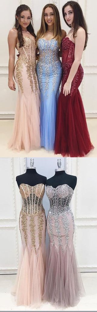 Charming Prom Dress, Elegant Strapless Appliques Tulle Prom Dresses, Long Evening Party Dress