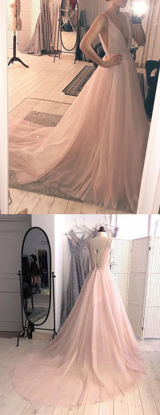 Charming Pink Deep V neckline Prom Dress with Open Back Long Evening Dress 
