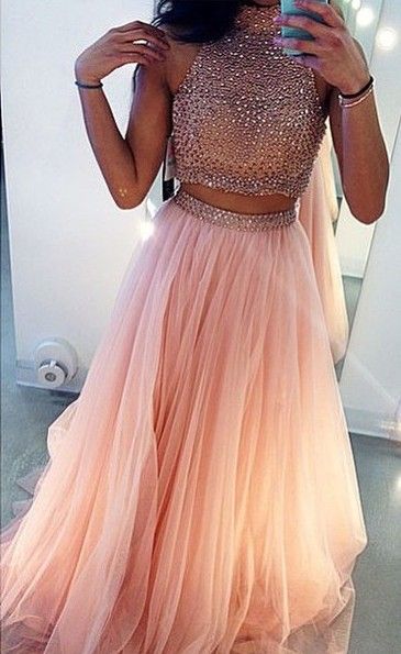 light pink 2 piece prom dress