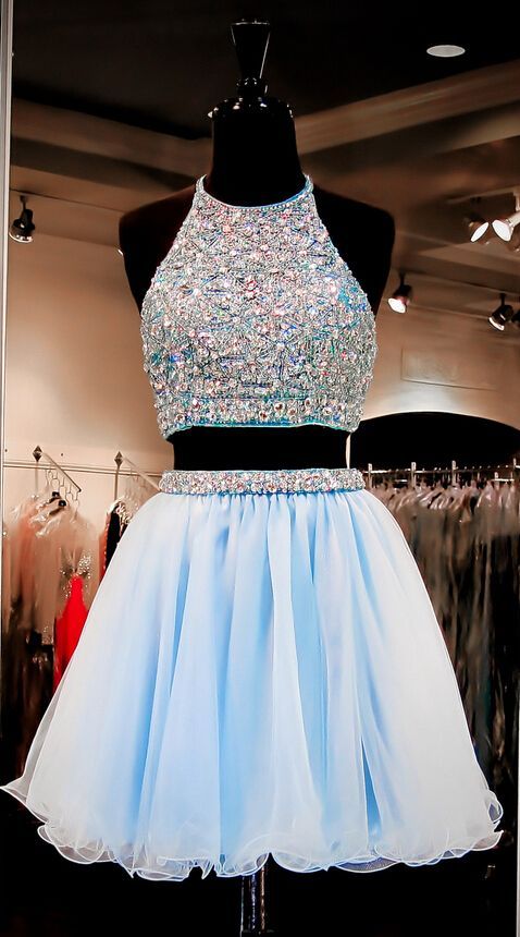 blue 2 piece prom dress short
