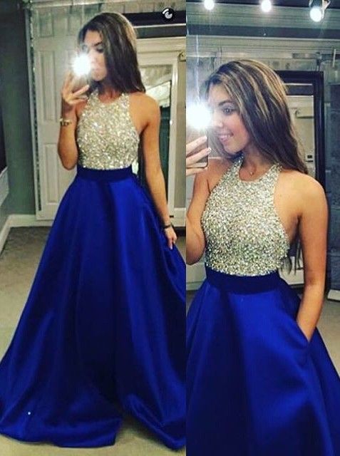 royal blue halter prom dress