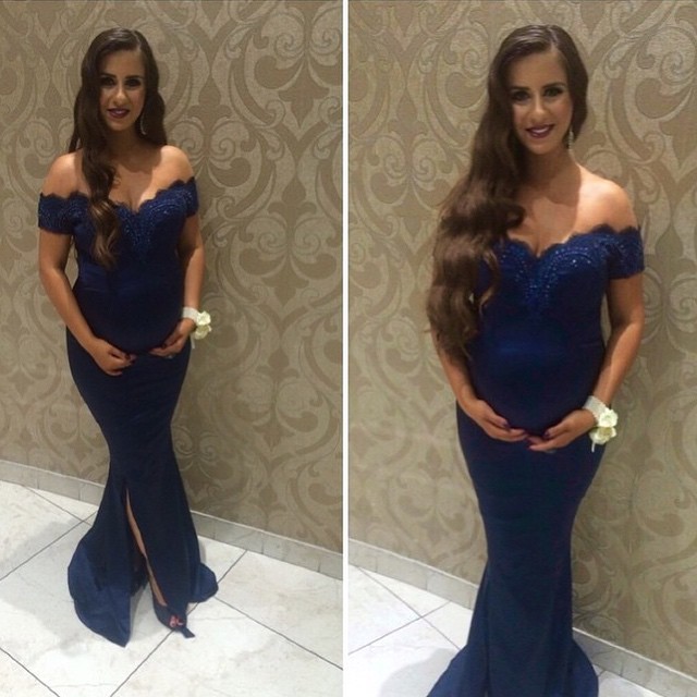 navy off shoulder prom dress