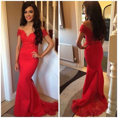 red off the shoulder debs dress