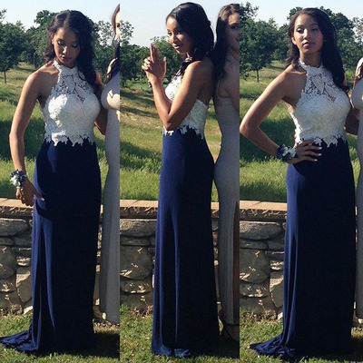 Navy Blue Lace Prom Dresses