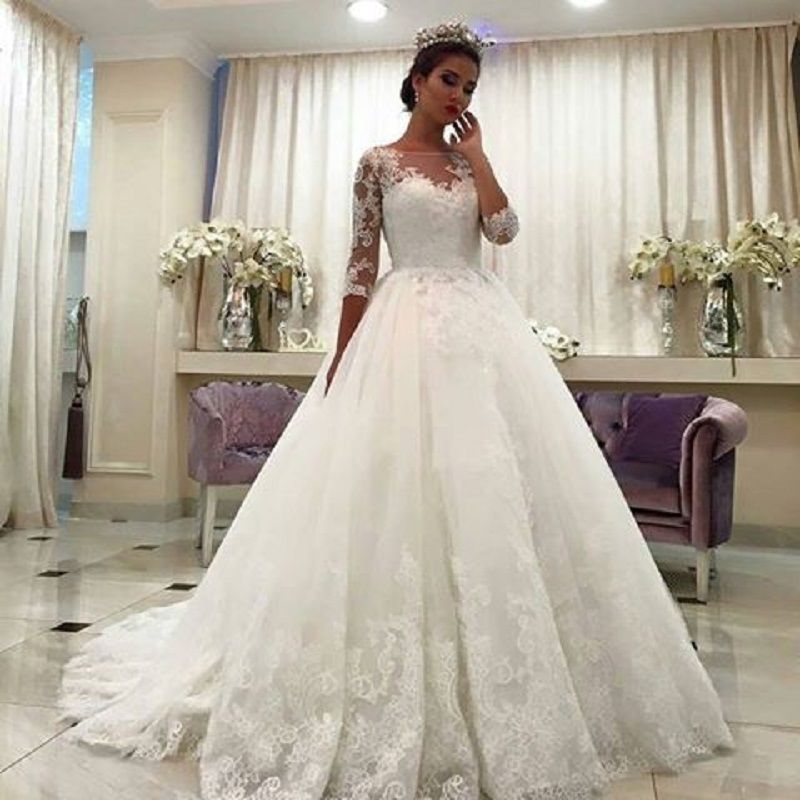 Gorgeous Ball Gown Wedding Dresses Puffy Lace Beaded Applique White Long Sleeve Wedding Gowns 5450