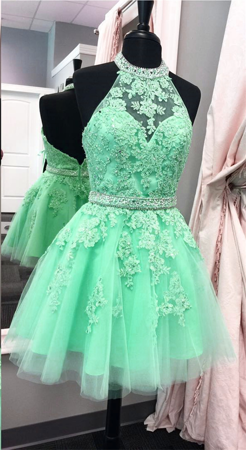 Tulle Homecoming Dress, Halter Homecoming Dresses, New Arrival Tulle Prom Dress,Beaded Homecoming Dress,Short Homecoming Dress,Appliques Graduation Dress, Senior Homecoming Dress