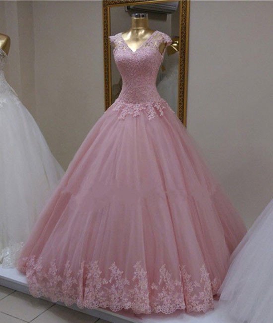 Long Prom Dress,Ball Gown Appliques Prom Dresses,Tulle