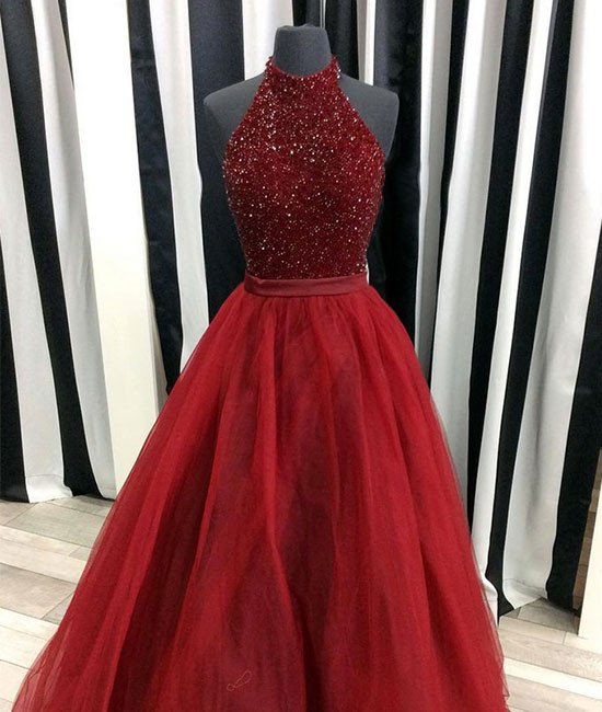 red halter prom dress