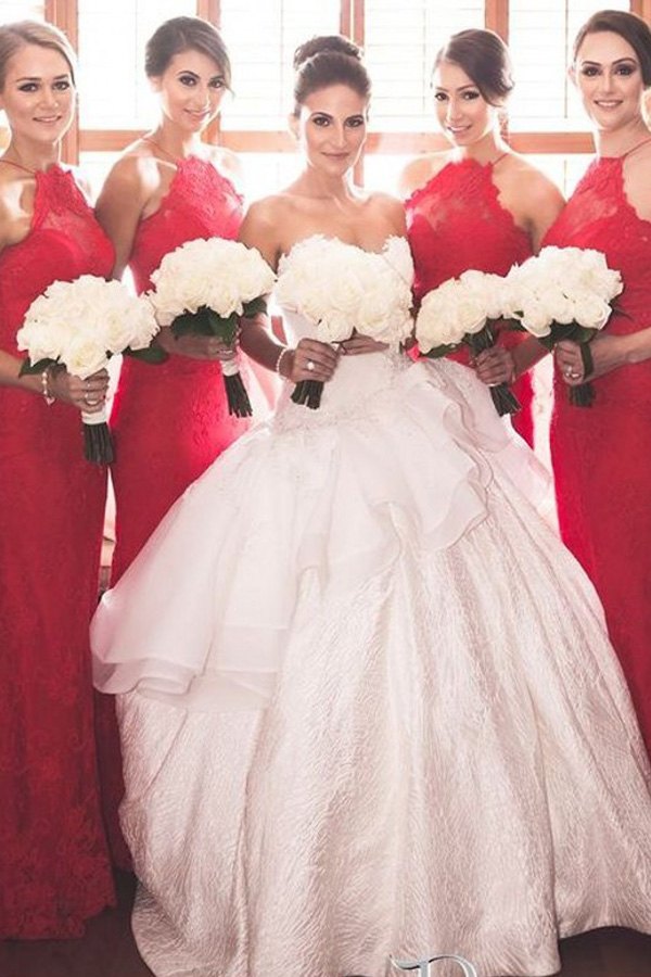 Charming Backless Red Bridesmad Dress,Lace Mermaid Bridesmaid Dresses,Halter Bridesmaid Dress on 