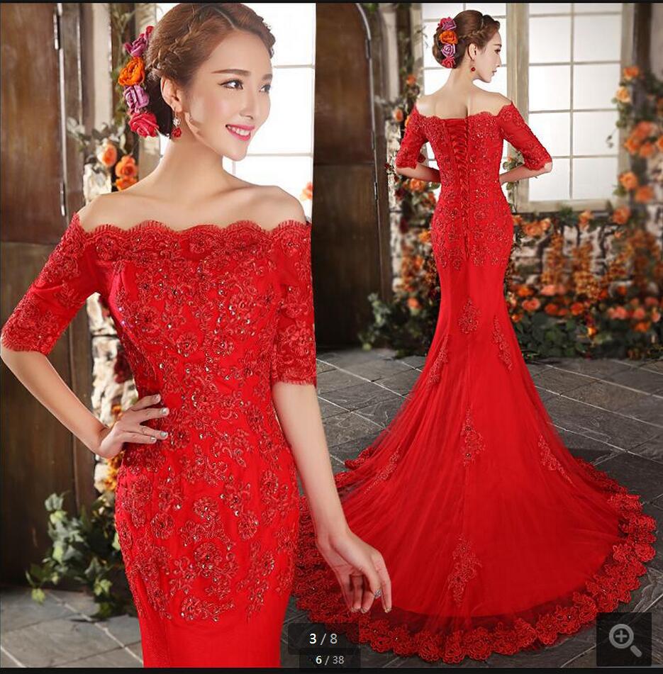 Fashion Mermaid Red Wedding Dresses,Half Sleeve Wedding Dress,Lace ...