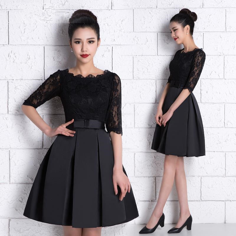 black cocktail dress with lace sleeves