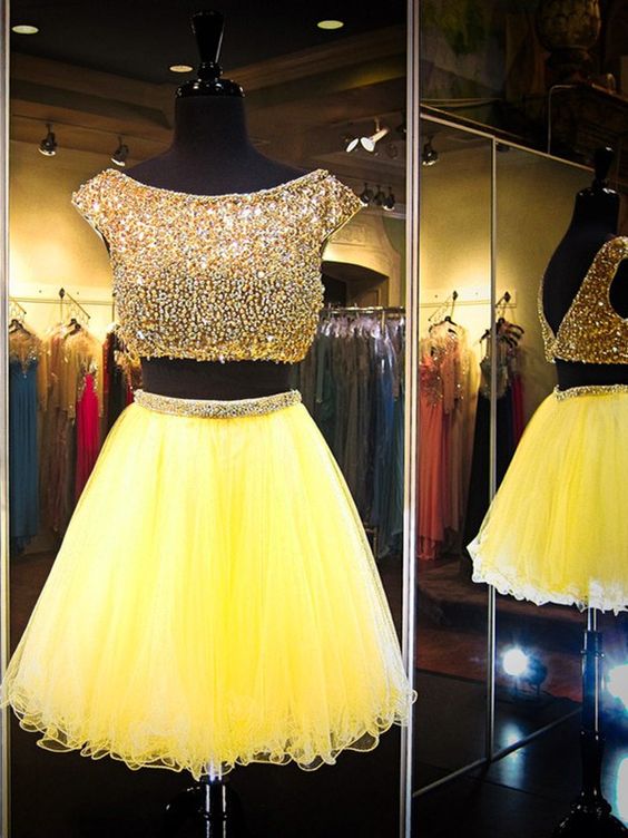 yellow two piece short prom dresses