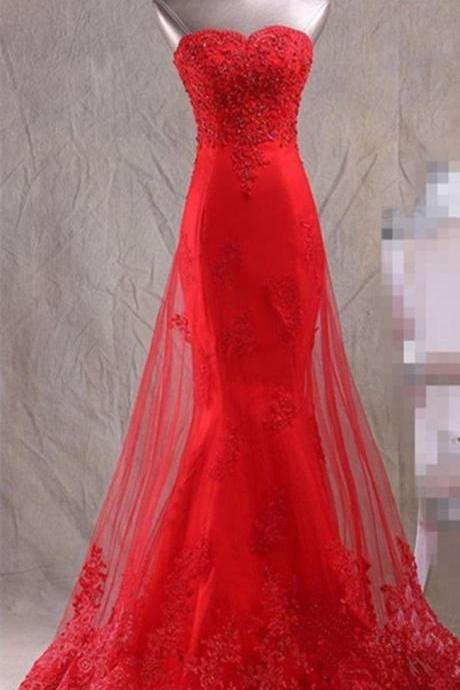 Red Strapless Lace Mermaid Prom Dresses Beading Party Gown Evening Dress 