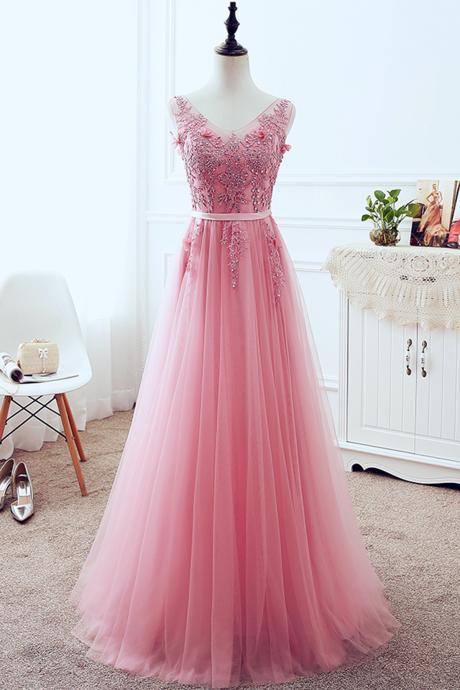 Pink Lace Appliqués and Beaded Embellished Plunge V Sleeveless Floor Length Tulle A-Line Formal Dress Featuring Lace-Up Back, Prom Dress