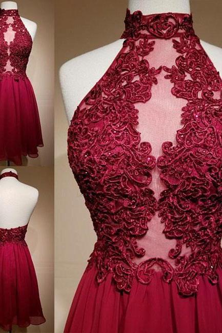 Burgundy Lace Appliqués Mesh High Halter Neck Short Chiffon Homecoming Dress Featuring Open Back, Formal Dress