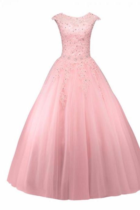 New Arrival Flesh Pink Prom Dresses Ball Gowns Long Tulle Appliques Beaded Cap Sleeves Sweet 16 Dresses CF205