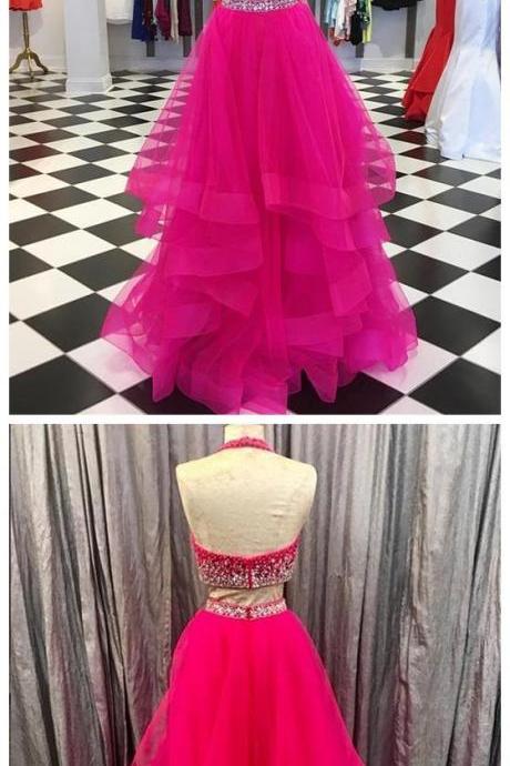 Sexy Backless Prom Dress, Tulle Two Piece Prom Dresses, Long Evening Dress CF354