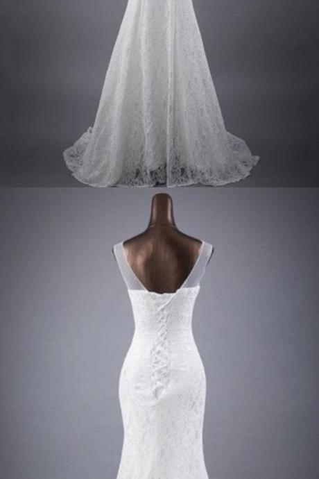 Sleeveless Sheer Lace Appliqués Mermaid Wedding Dress with Lace-Up Back