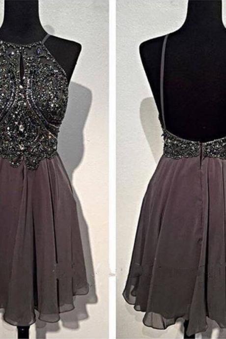 Charming Prom Dress, Beaded Short Prom Dresses, Sexy Backless Prom Gowns