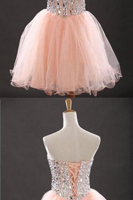Charming Prom Dress, Elegant Tulle Prom Dresses, Short Beaded Homecoming Dress 