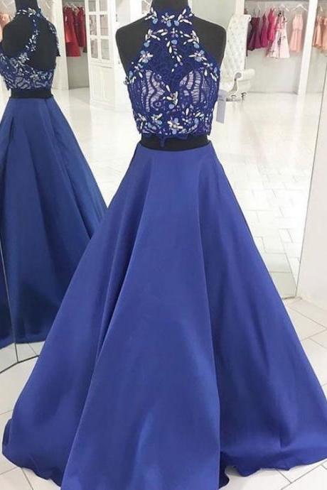 Charming Prom Dress, Elegant Two Piece Appliques Prom Dresses, Long Evening Party Dress 