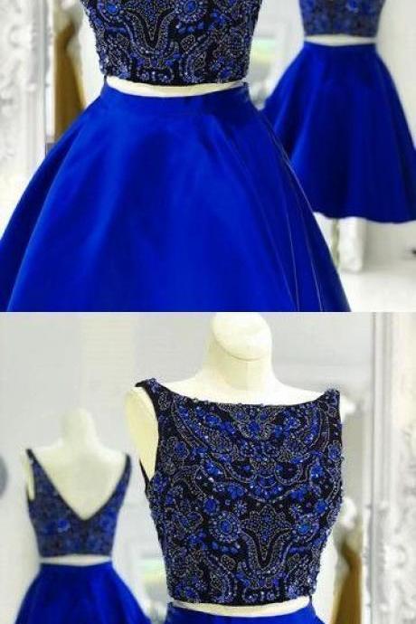 Charming Prom Dress, Sexy Royal Blue Two Piece Prom Dresses, Short Satin Homecoming Dress, Cheap Prom Gowns