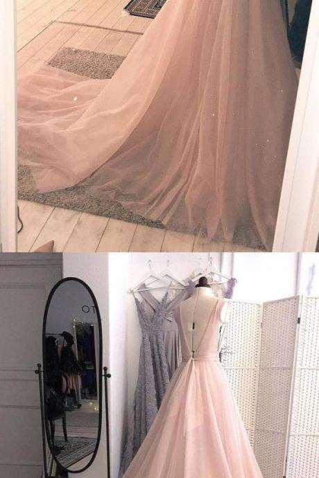 Charming Pink Deep V neckline Prom Dress with Open Back Long Evening Dress 