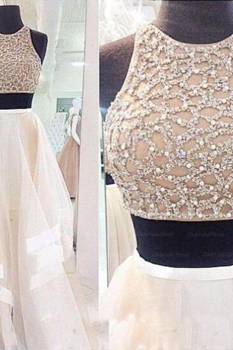 Bg86 Charming Prom Dress,Two Piece Prom Dress,Halter Prom Gown,Beaded Bodice Prom Dress,Long Party Dress