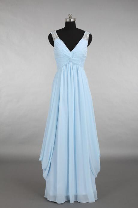 Bg1322 Charming Prom Dress,Long Chiffon Prom Dress,Light Blue Prom Dress,V Neck Evening Party Dress