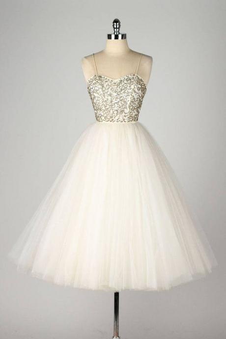 Spaghetti Straps Prom Dress, Tulle Beading Prom Dress, White Short Prom Gown,Love Homecoming Dress