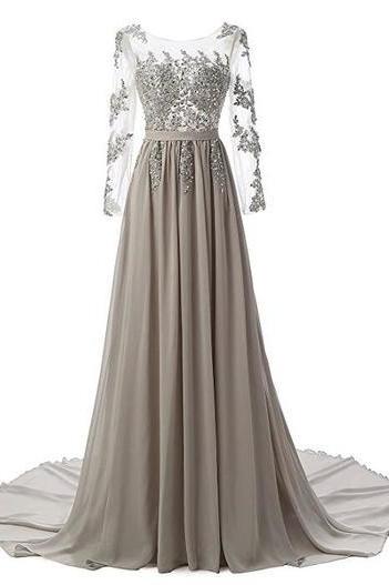 Sexy Prom Dress, Long Sleeve Appliques Prom Dress with Beaded, Long Prom Dresses, Chiffon Evening Dress,Formal Gowns