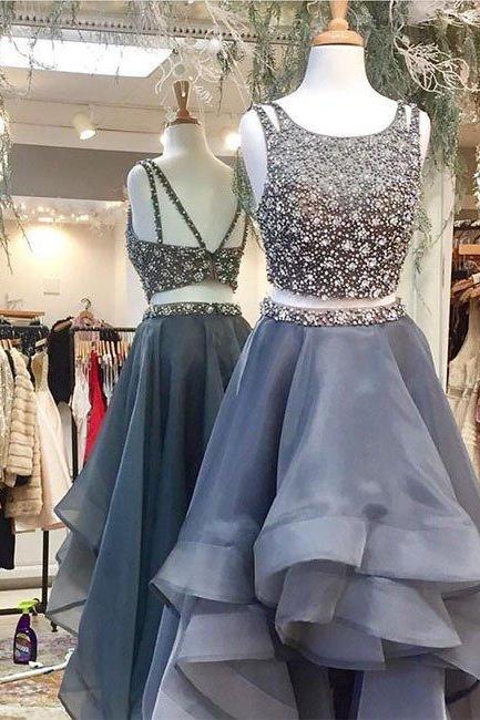 Real Photos Two Piece Prom Dress, Backless Prom Dresses, Tulle Evening Dress, Sexy Prom Dresses,Two Pieces Prom Dress
