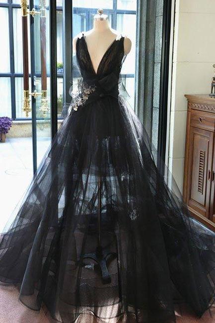 Charming Prom Dress,Black Deep V Neck Tulle Evening Dress,Ball Gown Evening Dresses,Backless Formal Evening Gowns